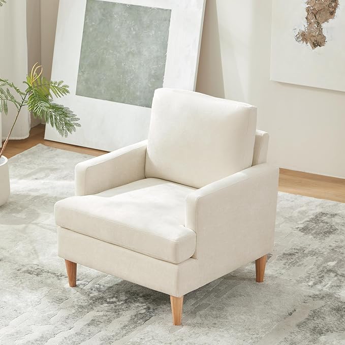 VKNOW Mid-Century Accent Chairs Set of 2, Modern Upholstered Chenille Armchair for Living Room, Comfy Reading Accent Chairs with Wood Legs for Bedroom, Beige