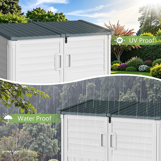 Greesum Outdoor Resin Storage Shed, 34 Cu.ft Horizontal Outdoor Storage Box Waterproof for Garden, Pool Storage, Garbage Cans, Beige
