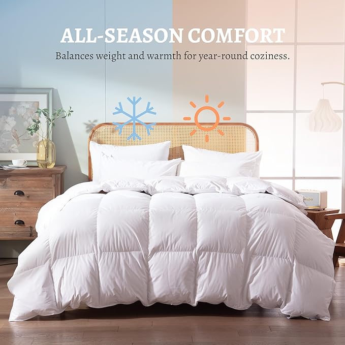 Feather Down Comforter Queen Size,Hotel Style Bedding Comforter,750+ Fill Power,1200TC,100% Organic Cotton Fabric,All Season Grey Duvet Insert with 8 Corner Tabs