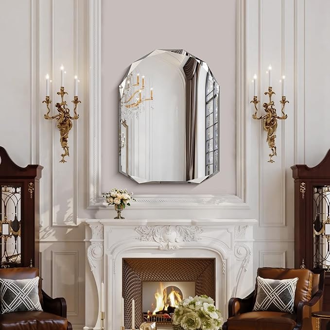 KOCUUY 30"x40" Frameless Mirror, Arched Shape with Diamond-Shaped Beveled Edge,Unframed Decorative with Upgraded Shatterproof Glass,Unique Frameless Mirror for Bathroom,Living Room,Bedroom
