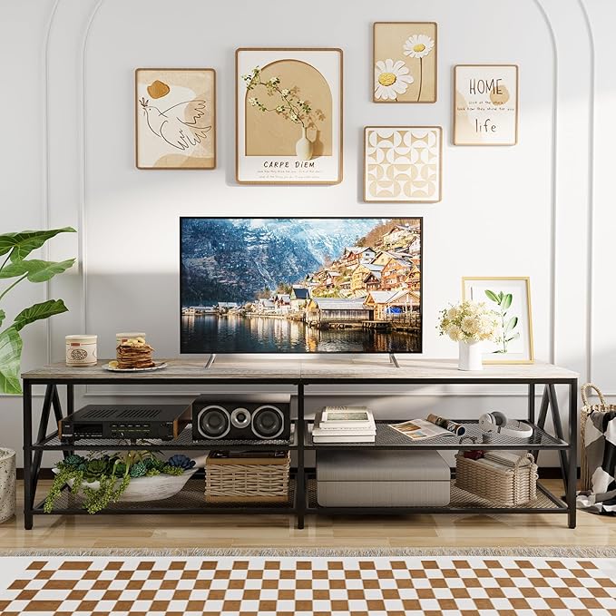 TV Stand for TVs up to 75 Inch, 70" Long Industrial TV Console Table with 3-Tier Storage Shelves, Entertainment Center for Living Room, Bedroom (Gray)