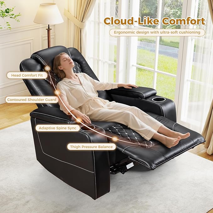 ANJ Power Recliner Chair with USB Ports and Cup Holders - Overstuffed Electric Home Theater Seating PU Leather Reclining Furniture with Hidden Arm Storage, Easy to Clean (Set of 2, Black)