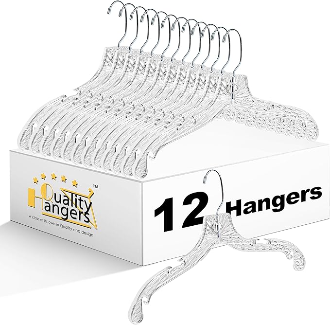 Quality Hangers 12 Pack Crystal Clear Plastic Hangers with Easy Swivel 360 Degree Hook Slim Crystal Coat Hangers 17 Inches (12, 17")