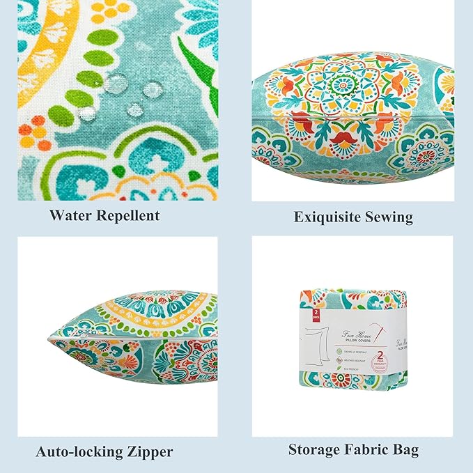 FUNHOME Outdoor Pillow Covers ONLY, No Insert! Pack of 2 Square Throw Pillow Covers, Decorative Water-Repellent Modern Cushion Cases for Sofa Patio Couch Decoration 18 x 18 Inch-Cyan Circle