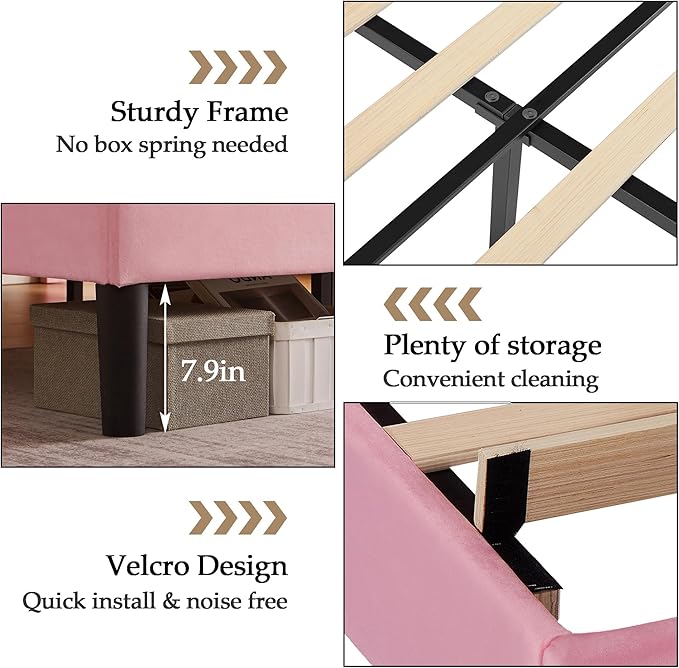 VECELO Twin Bed Frame Platform Bed Frame with Upholstered Headboard, Strong Frame and Heavy-Duty Slats Support, Non-Slip and Noise-Free, Easy Assembly,Pink