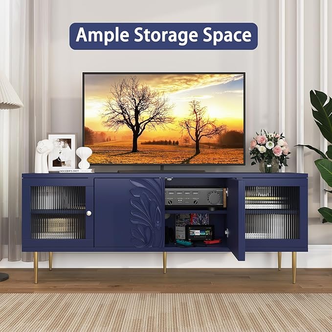 TV Stand for TVs up to 75 Inches, Mid Century Modern Entertainment Center with 3D Flower Pattern, Wood Media Console with 2 Fluted Glass Doors, Storage Cabinet for Living Room, Blue