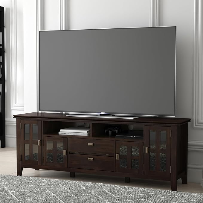 SIMPLIHOME Artisan SOLID WOOD 72 inch Wide Transitional TV Media Stand in Tobacco Brown For TVs up to 80 inches for the Living Room and Entertainment Center