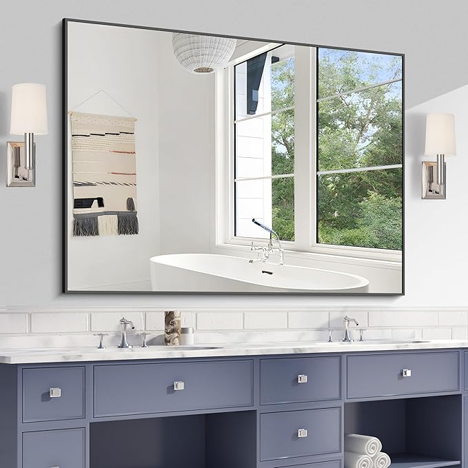 KOCUUY Bathroom Mirror Black,48x36 inch Rectangle Wall Mirror with Metal Frame, Black Vanity Mirror Modern Home Decor for Bathroom, Living Room, Farmhouse, Entryway, Hang Horizontal/Vertical