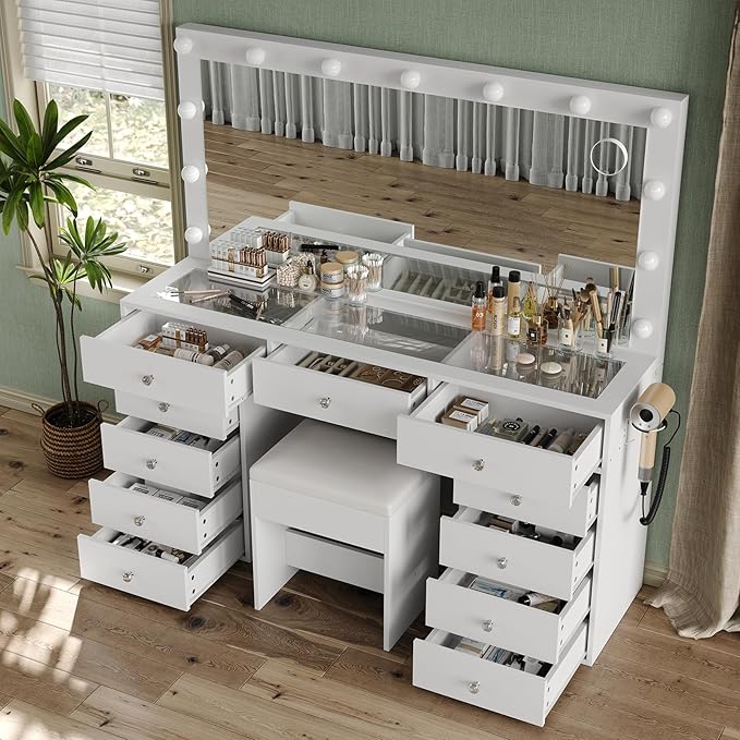 11 Drawers Vanity Desk, 55'' W Makeup Vanity with Power Outlet, Vanity Table with Mirror and 13 LED Bulbs, 3 Color Lighting Modes, Glass Top, Dressing Table for Bedroom