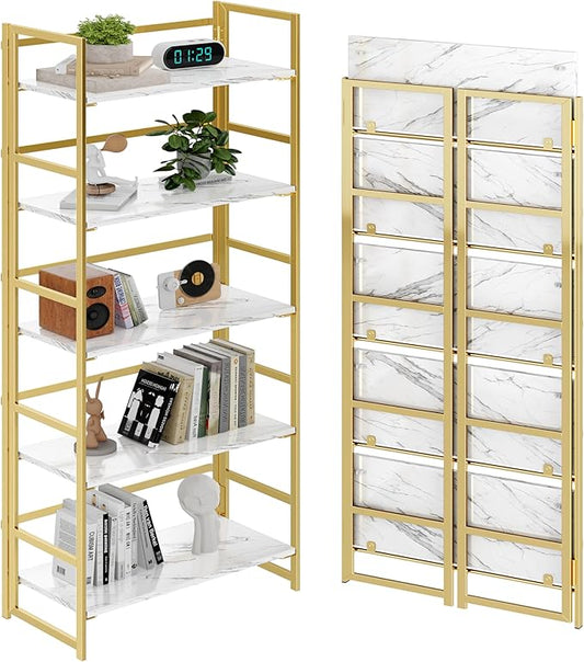 BHG No Assembly Folding Bookshelf for Living Room, 5 Tier Gold Collapsible Book Shelf for Home Office, Portable Bookcase Storage Organizer