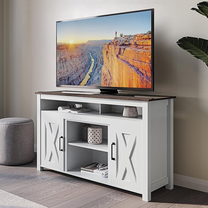 BELLEZE 48" TV Stand, Entertainment Center for TVs up to 55", Media Console Table with Two Open Shelves and Storage Cabinets - Corin (White)