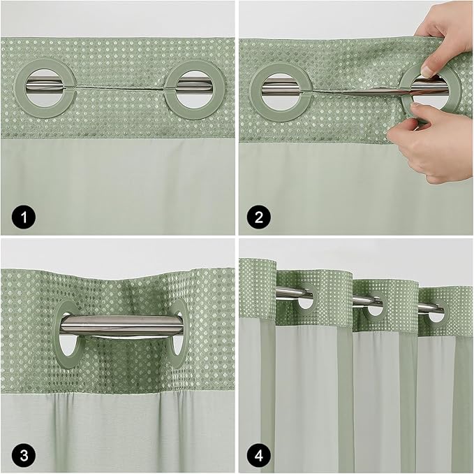 Colorful Star No Hook Shower Curtain with Snap in Fabric Liner, Waffle Weave Heavy Duty Thick Shower Curtains with Mesh Top Window, Hotel Style Waterproof Bathroom Curtain Set, 72'' x 87'', Sage Green