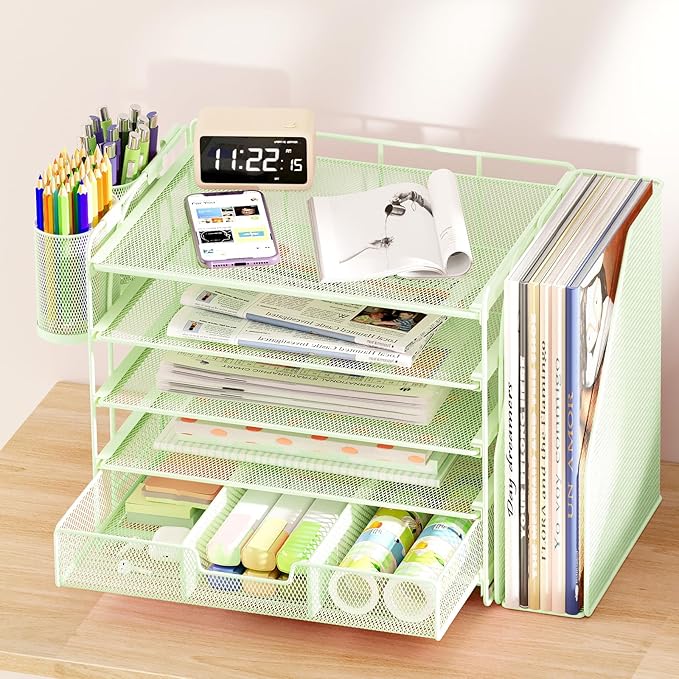 Desk Organizers and Accessories with File Holder, 5-Tier Office Desk Accessories & Workspace Desktop Organizer with Drawer and 2 Pen Holder, File Paper Organizer for Office Supplies(Green)