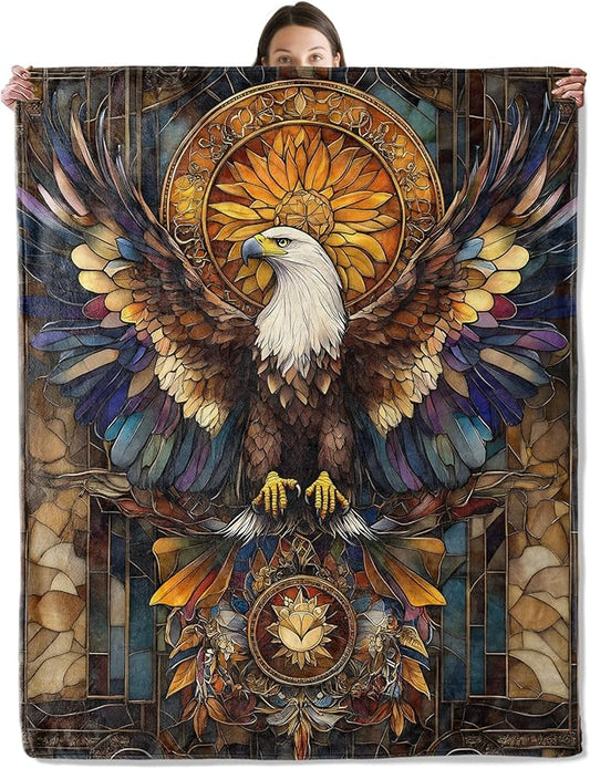Stained Glass Eagle Blanket, Cozy Flannel Eagles with Outstretched Wings Throw Blanket for Couch Outdoor, Plush Soft Lightweight Travel Blankets for Bed Decor & Gifts, for Women Adults 40"x50"