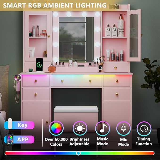 Makeup Vanity Desk with Mirror & LED Lights, Storage Drawers, Charging Station, Cabinets & Stool, Large Dressing Table with RGB Ambient Lighting for Bedroom & Vanity Room