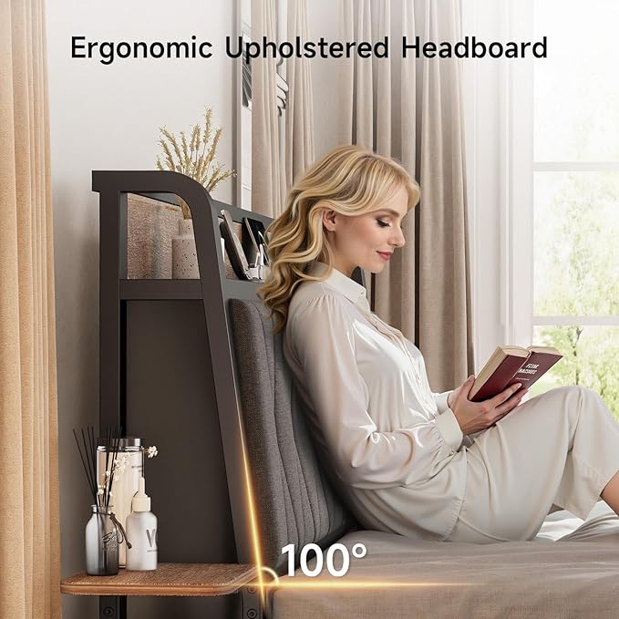 King Size Bed Frame with Side Storage Shelf, Ergonomic Upholstered Headboard with Charging Station, King Platform Bed Frame, Metal Slats Support, No Box Spring Needed, Easy Assembly, Black