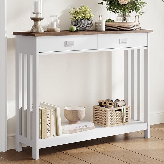ChooChoo Farmhouse Long Entryway Table with Drawer, Mission Narrow Console Sofa Table with Storage, for Entryway,Living Room and Hallway, 47 Soft White and Brown