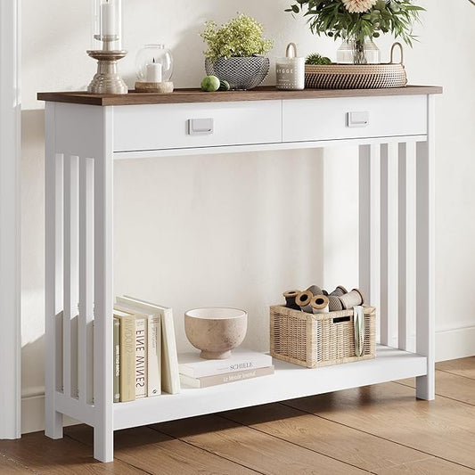 ChooChoo Farmhouse Long Entryway Table with Drawer, Mission Narrow Console Sofa Table with Storage, for Entryway,Living Room and Hallway, 47 Soft White and Brown
