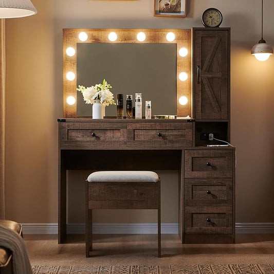 Farmhouse Vanity Desk with Mirror and Lights, 43" Wide Makeup Vanity with Glass Tabletop and Charging Station, Modern Vanity Table Set with Storage and Stool for Bedroom, Light Brown