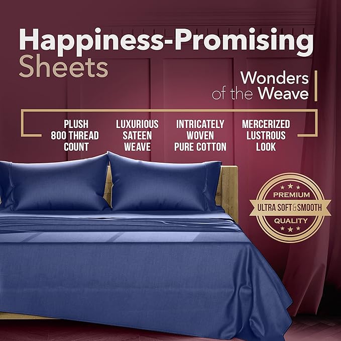 TEXAS LINEN CO. 100% Egyptian Cotton Bed Sheets Queen Set - Luxury 800 Thread Count Queen Size Sheets Set, Soft, Cooling, Fully Elasticized Sateen Weave Hotel Quality Bedding Set (4 PC, Navy Blue)