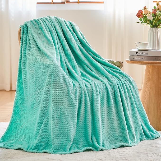 NEWCOSPLAY Super Soft Throw Blanket Aqua Premium Silky Flannel Fleece Leaves Pattern Lightweight Bed Blanket All Season Use (Aqua, Throw(50"x60"))