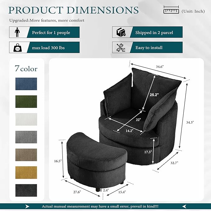 Swivel Accent Chair with Ottoman Comfy Reading Chairs for Bedroom Modern Corduroy Arm Chair 360°Swivel Barrel Chairs for Living Room,Apartment (Black, 1)