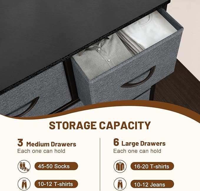 Dresser for Bedroom with 9 Drawers, Chest of Drawers, Storage Drawers Organizer Unit, Grey Wide Fabric Dresser with Fabric Bins for Closet, Living Room, Entryway (Grey and Charcoal Black)