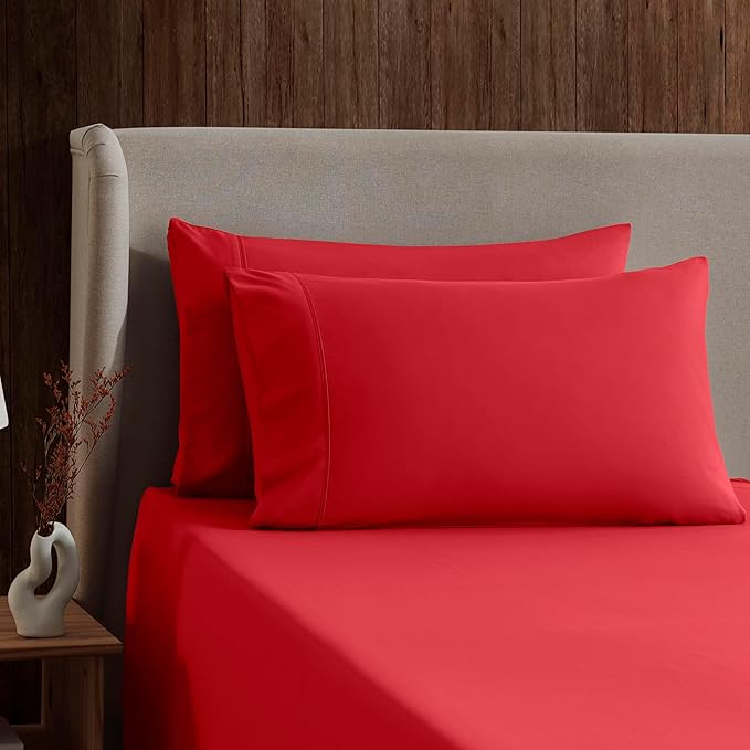 Nestl Split King Sheet Set - 1800 Ultra-Soft Microfiber Bed Sheets - Double Brushed - Deep Pockets - Easy Fit - 5 Piece Set - Bed Sheets & Pillowcases (Split King, Red)