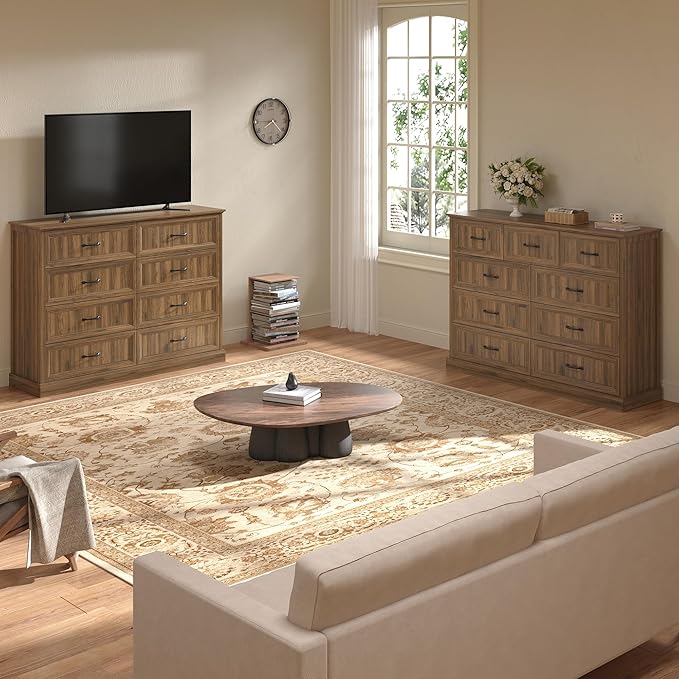 Farmhouse Dresser and Nightstand Sets 3 Piece, Nightstands Set of 2 & 8 Drawers Dresser for Bedroom, 55" Wide and 24" Inch Night Stand Set for Bedroom, Living Room, Hallway, Brown