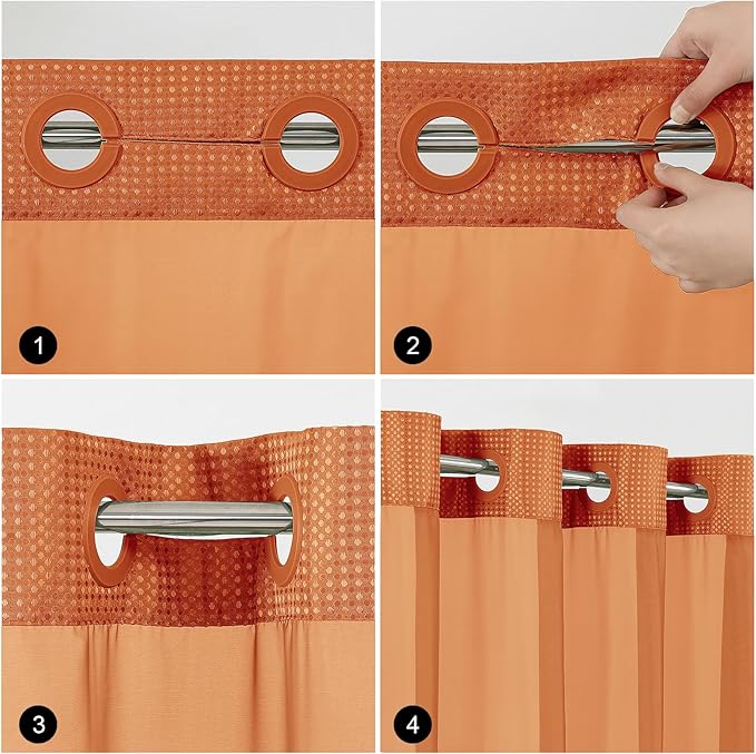 No Hook Shower Curtain with Snap in Fabric Liner, Waffle Weave Heavy Duty Thick Shower Curtains with Mesh Top Window, Hotel Style Waterproof Bathroom Curtain Set, 72 x 81 Inch, Burnt Orange