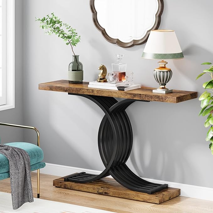 Industrial Entryway Console, 39" Vintage Accent Table with Geometric Metal Legs, Narrow Wooden Sofa Foyer Table for Entrance, Living Room (Rustic Brown & Black)