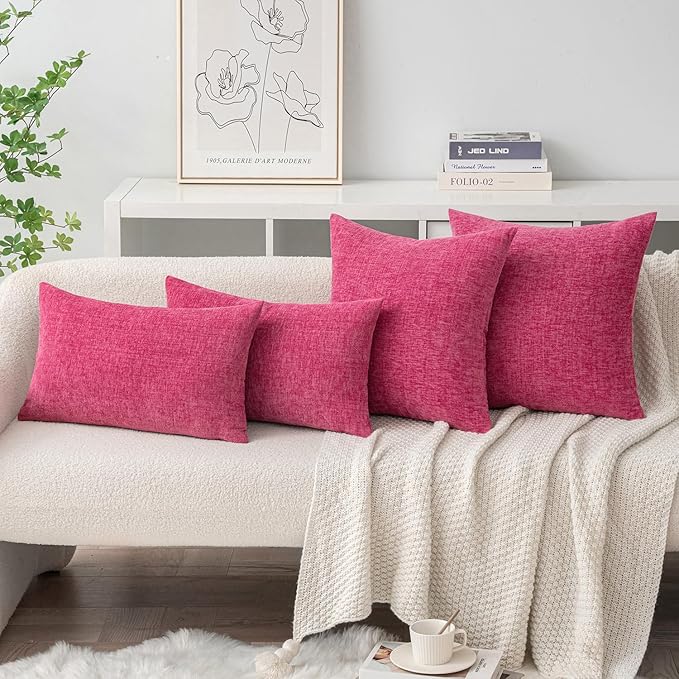 MIULEE Pack of 2 Couch Throw Pillow Covers 20x20 Inch Soft Hot Pink Chenille Pillow Covers for Sofa Living Room Solid Dyed Pillow Cases