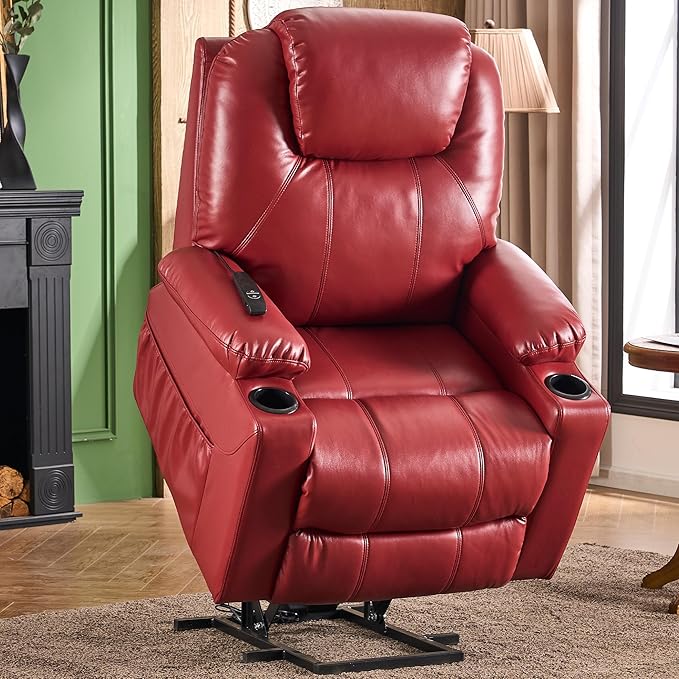 SALOHZA Power Lift Recliner Chair for Elderly with Massage and Heat for Living Room, Electric Recliner Chair for Adults with USB/Type C Port/Cup Holders, PU Faux Leather, Red
