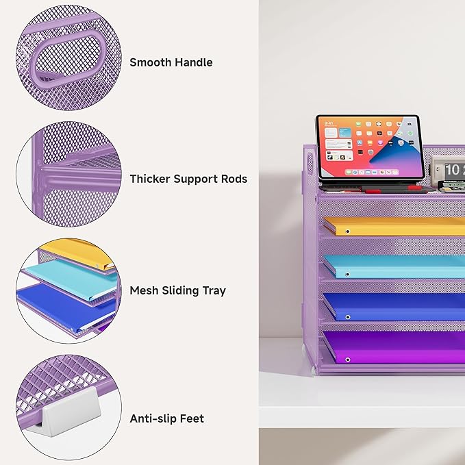 5 Tier Paper Organizer with Handle, Metal Mesh Desk Organizer File Folder Paper Letter Tray Desktop Document Sorter for Classroom, School, Office Accessories Organization and Storage - Purple