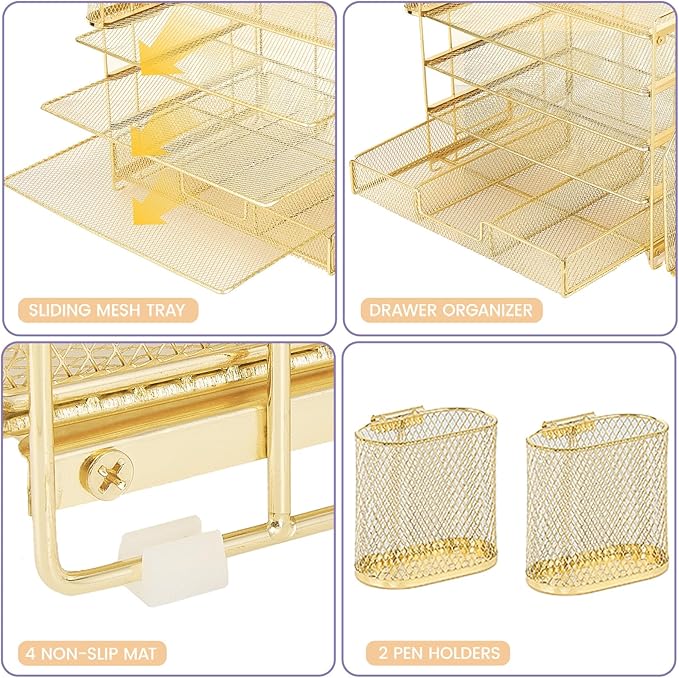 Desk Organizers and Accessories with File Holder, 5-Tier Office Desk Accessories & Workspace Desktop Organizer with Drawer and 2 Pen Holder, File Paper Organizer for Office Supplies(Gold)