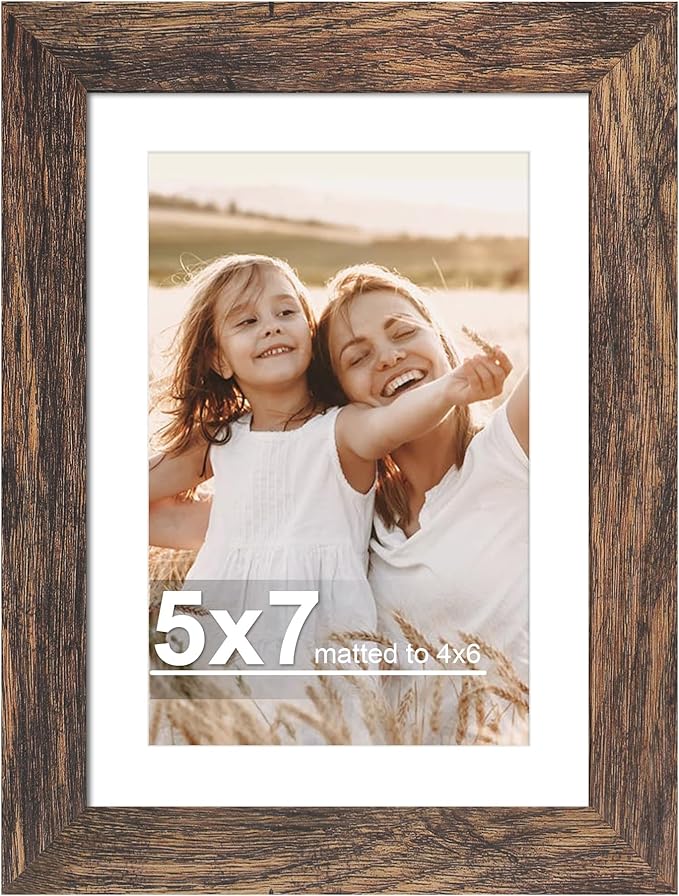 5x7 Picture Frame with Glass, Display Pictures 4x6 with Mat or 5 x 7 without Mat - Wall and Tabletop, 5 by 7 Photo Wooden Frames (Rustic Brown, 1 Pack)