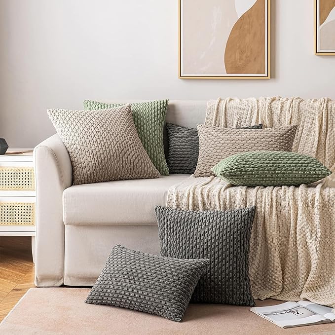 MIULEE Throw Pillow Covers Soft Corduroy Decorative Eruo Sham Set of 2 Boho Striped Pillow Covers Pillowcases Farmhouse Home Decor for Couch Bed Sofa Living Room 24x24 Inch Light Brown