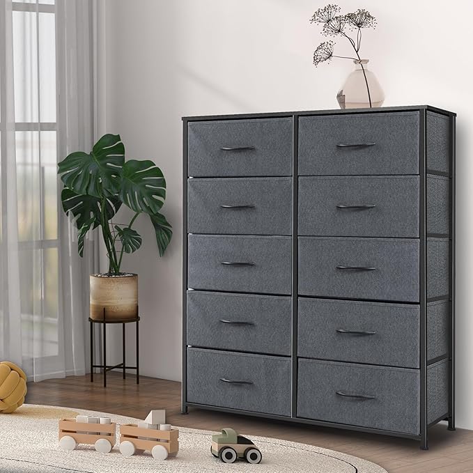Dresser for Bedroom with 10 Drawers, Chest of Drawers, Storage Drawers Organizer Unit, Grey Wide Fabric Dresser with Fabric Bins for Closet, Living Room, Entryway (Grey and Charcoal Black)