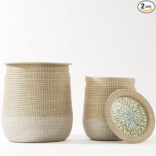 2 Pack Laundry Baskets Hamper with Removable Laundry Bag, Pure Handwoven Storage Basket, Natural Seagrass Decorative Clothes Hamper for Living Room household, Toy Blanket Plant Organization