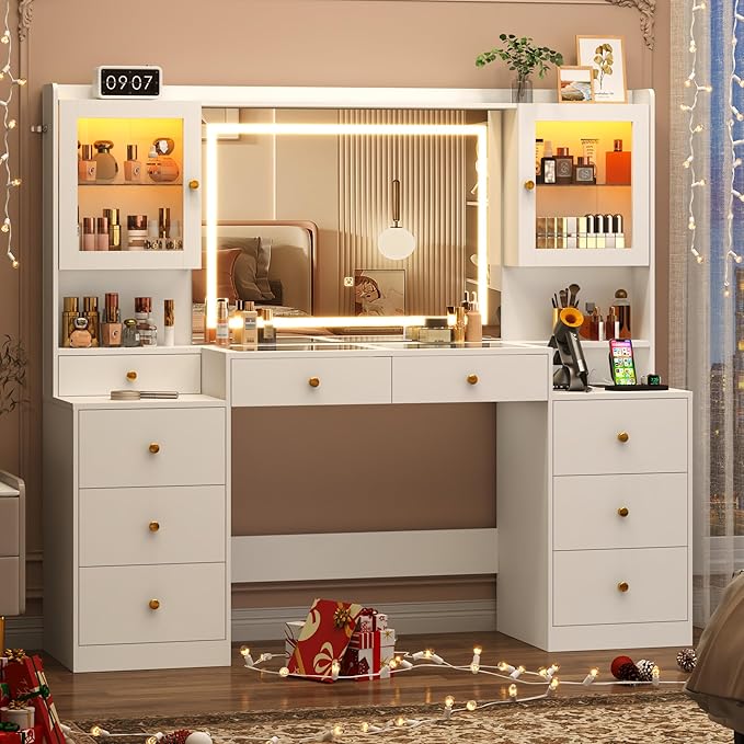 Large Vanity Desk w/60000-color LED Lights,Tempered Glass Top,Outlet,62inch White Makeup Vanity Table w/ 3 Lights Mode Mirror & Lights,9 Drawers,2 RGB Cabinet,LED Dressing Table for Women