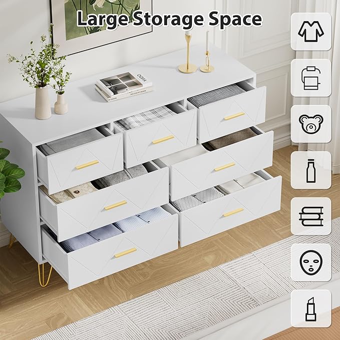 White Dresser for Bedroom, 7 Drawer Dresser with Golden Handles, Wood Modern Chest for Hallway, Entryway