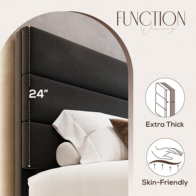 WEEWAY Full Size Bed Frame Platform Bed with Velvet Upholstered Headboard and Wooden Slats Support, Heavy Duty Mattress Foundation, No Box Spring Needed, Easy Assembly, Black