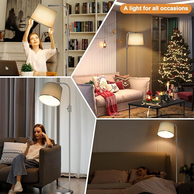 Ambimall Fully Dimmable Floor Lamp - Floor Lamps 9W LED Light Bulbs, Standing Lamps for Living Room with Adjust Head, Modern Standing Light Rotary Switch, Tall Lamp for Bedroom(Grey and Grey)