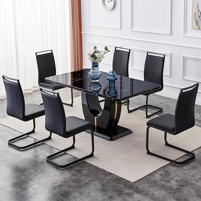 Dining Table Set for 6, Kitchen Table Chairs Set of 6, Modern Dining Room Set with 63 inch Marble Dinner Table PU Leather Upholstered Chairs for Dining Room Kitchen