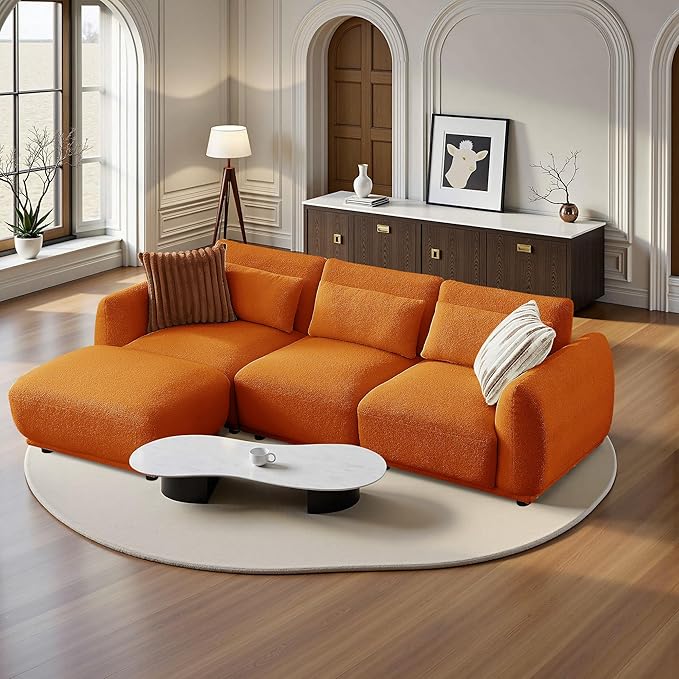 Sectional Sofa Couch, Modern Convertible U Shaped Sectional Couch with Ottoman, Modular Sectional Sofa Cloud Couches for Living Room (Orange, 3 Set + 1 Ottoman)