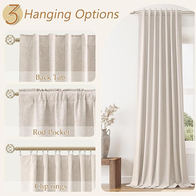 Guken Oatmeal Linen Blackout Curtains 80 Inch Length 2 Panels Set for Living Room Bedroom Back Tab Thermal Insulated 100% Black Out Linen Drapes Room Darkening Window Curtains 80 Inches Long