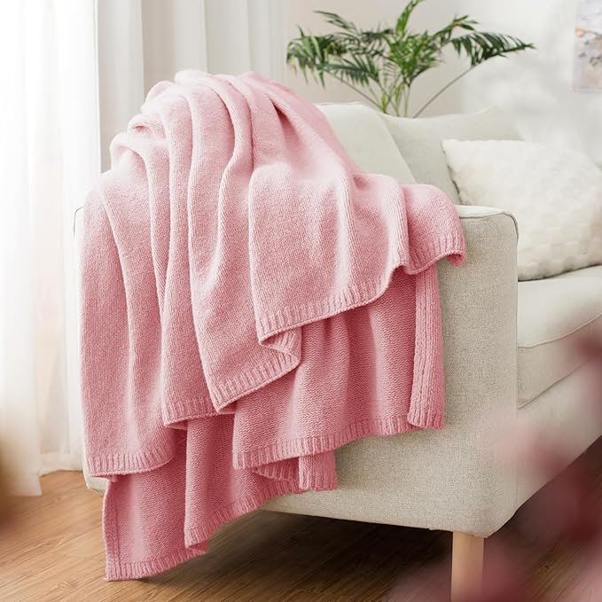 Carriediosa Wool Blend Knit Throw Blanket 60" X 80", 50% Recycled Polyester Soft Cable Knitted Fluffy Throws for Couch Lightweight Woven Blankets for Sofa Fuzzy Cozy Bed Cover, Pink