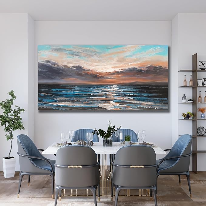 Belmrxne Coastal Wall Art Bule and Black Wall Decor Abstract Landscape Artwork Aesthetic Canvas Painting for Living Room Bedroom Dining Room Office Home Decor 24x48 Inch