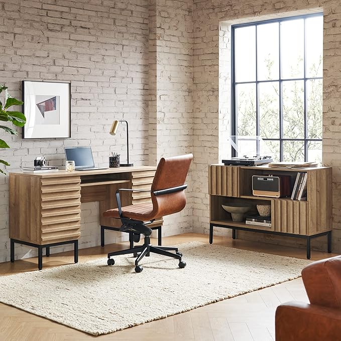 mopio Norwin Executive Desk, Modern Industrial Farmhouse Desks for Home Office, with Sturdy Metal Legs, Fluted Panel Dual Cabinet