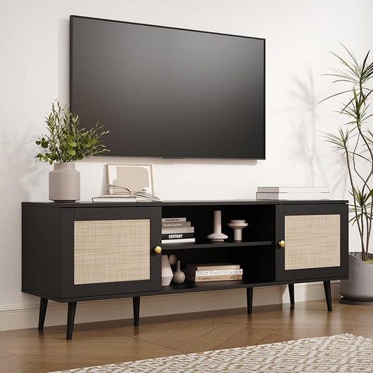 Rattan TV Stand for 55/65/70 inch TV, Boho 59" Entertainment Center with Storage, Modern Mid Century Media Console with Rattan Doors and Adjustable Shelf, Wood TV Stand for Living Room, Black